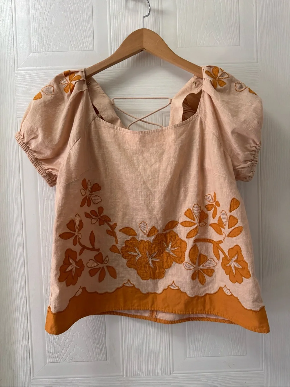Madewell Peach Blouse with Orange Floral Embroidery